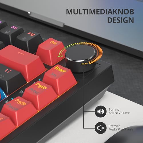 Image of 75% Mechanical Gaming Keyboard with Hot Swappable RGB Backlit Custom Knob, Gasket Mount USB Wired Keyboard, 82 Red Black Linear Red Switch Keys