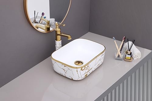 Image of LUXART Rectangular Ceramic Vessel Sink, White with Gold Marble Pattern Design, 16 x 12 x 6 Inch Luxury Tabletop Wash Basin for Bathroom Vanity, Hotel & Guest Rooms