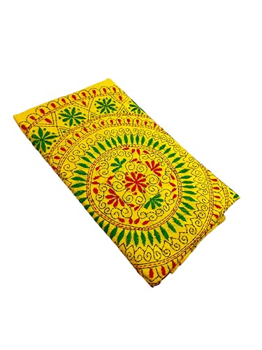Image of SHRISTI CLOTHINGS Women's Hand Embroidered Cotton Silk Kantha Stitch Saree with Blouse Piece (SB420324 YELLOWD91)