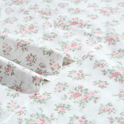 Image of Laura Ashley - Sheets, Cotton Percale Bedding with Matching Pillowcases, Crisp & Breathable, Deep Pocket, Fully Elasticized (Leanna Rose Pink, King)