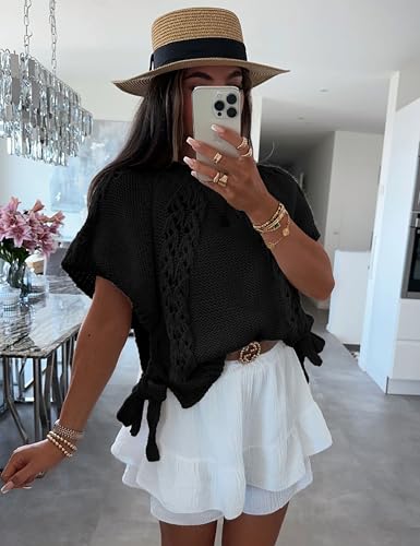 Knitted Tops Short Sleeve Sweater for Women Lace Up Crew Neck Crochet Tops Hollow Out Pullover Sleeve Sweater4