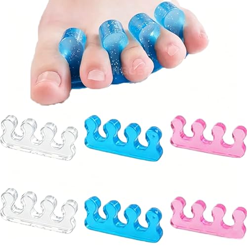 Image of 6 Pcs Silicone Gel Toe Separators, Durable Toe Spacers for Bunion Relief, Improve Circulation, Support and Comfort Toes, Blue, Transparent, Pink (2 Pcs Each)