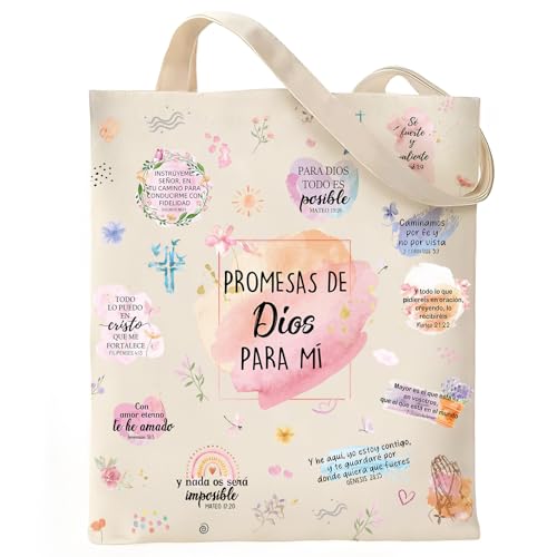 VeloKomo Bible Christian Tote Bag - Believer Gifts Canvas Women Bags Spanish Promesas De Dios Para Mí Regalos Cristianos Versículos Bíblicos En Español Inspirational Verse Totes Handbags Girls Gift