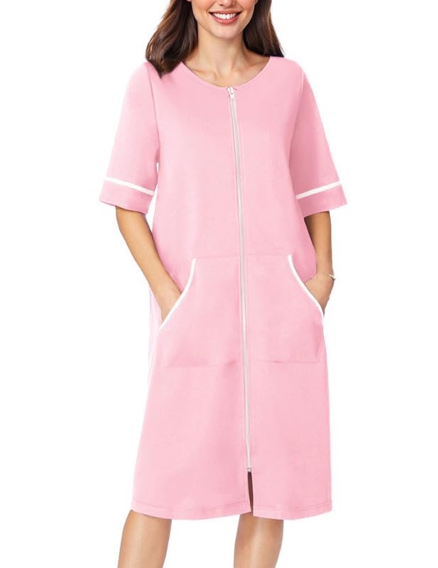 Ekouaer Women Zipper Robe Short Sleeve Duster Housecoat Short Bathrobes Zip Front Nightgown with Pockets S-3XL