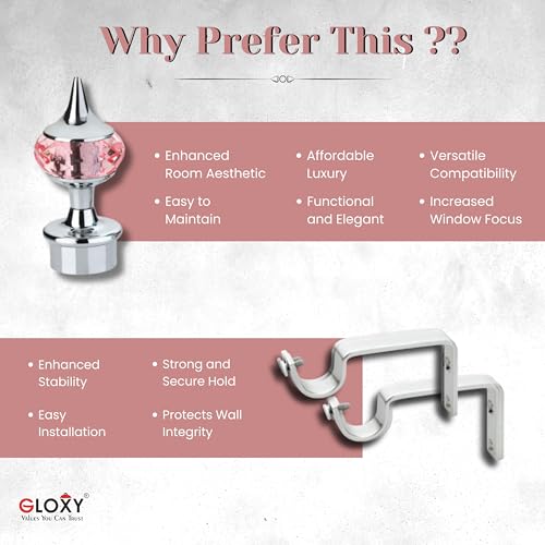 Image of GLOXY Single Diamond Aluminum Curtain Brackets Parda Holders with Support Fittings Designer 1 Inch Rod Pocket Finials for Door & Window(Silver Mix Pink,Pair of 2)