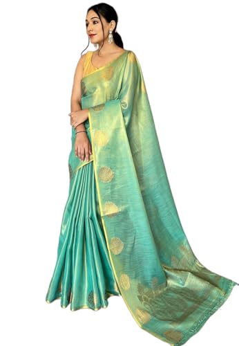 Image of SWORNOF Gold-Toned Woven Design Silk Zari Tissue Saree | Saree for Women | Soft and Skin Friendly