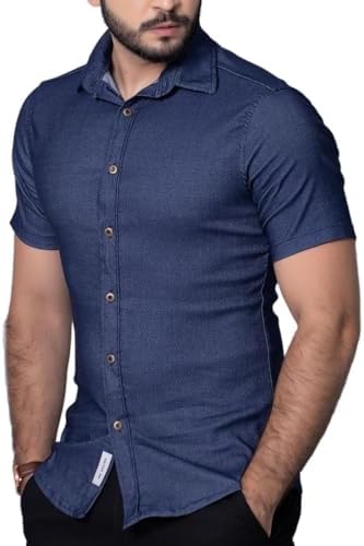 Camisa Jeans Manga Curta Social Masculina Slim com Elastano Quali...