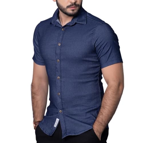 Camisa Jeans Manga Curta Social Masculina Slim com Elastano Quali...