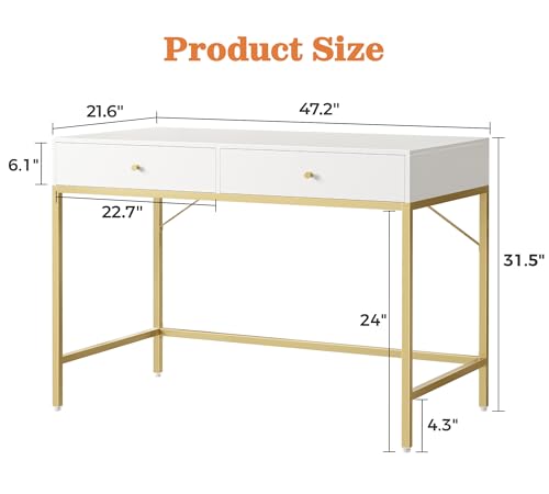 Image of SUPERJARE White and Gold Vanity Desk with Drawers, 47 inch Computer Desk