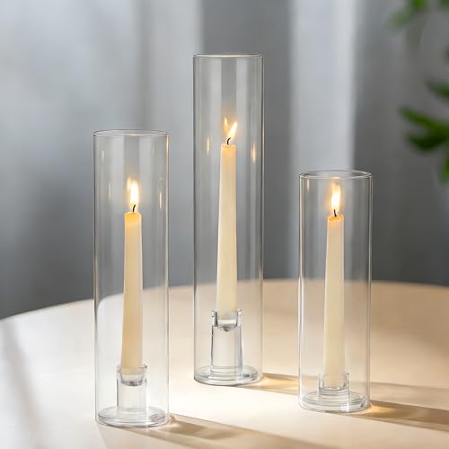 Glasseam Glaszylinder für Kerzen Kerzenständer Glas: 3er Set Kerzenhalter Stabkerze mit Glaszylinder Ohne Boden für Tischdeko Klar Stabkerzenhalter für Wohnzimmer Hochzeit Dekoration
