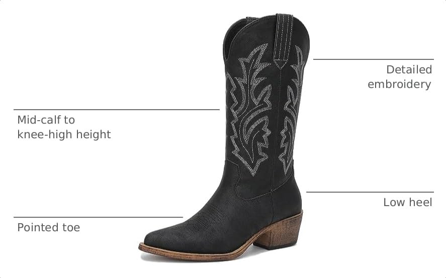 Image of GLOBALWIN Women's Mid Calf Western Cowboy Boots Cowgirl Boots for Women with Floral Embroidery Side Zipper Chunky Heel