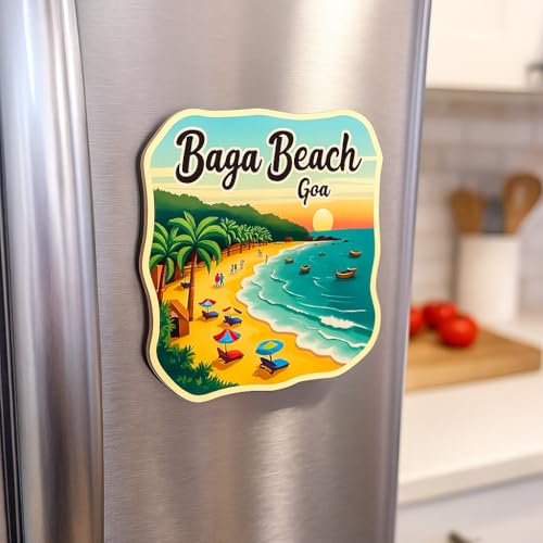 Image of Naxon Baga Beach Goa Theme Souvenir Wooden Refrigerator Stylish Fridge Magnet - Travel Collectible Gift | Fridge Decoration Magnet for Kitchen & Home Decor | Size 3x3 Inches | Pack of 1