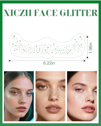 Image of XICZH Face Glitter, Green Temporary Face Tattoos Stickers, Body Face Glitter for Women Girls, Green Freckles for St Patrick's Day Country Concerts Singer Festival Rave Accessories (Green - 10 pcs)