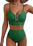 SOUYAGA 2 Piece Bikini Set High Waisted Tummy Control U-Wire Cutout Textured Swimsuit Summer Popular Bathing Suits Dark Green X-Large