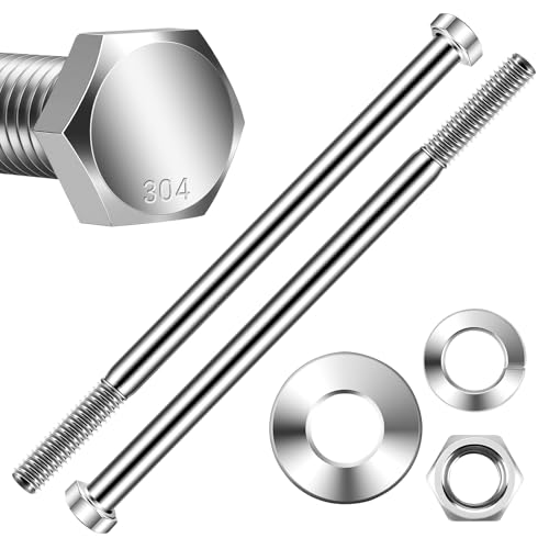Image of Mellewell 3 /8-16 x 7 Hex Head Bolts with Hex Nuts and Thick Flat & Lock Washers, Partially Threaded, Stainless Steel 18-8, Plain Finish, 4 Sets