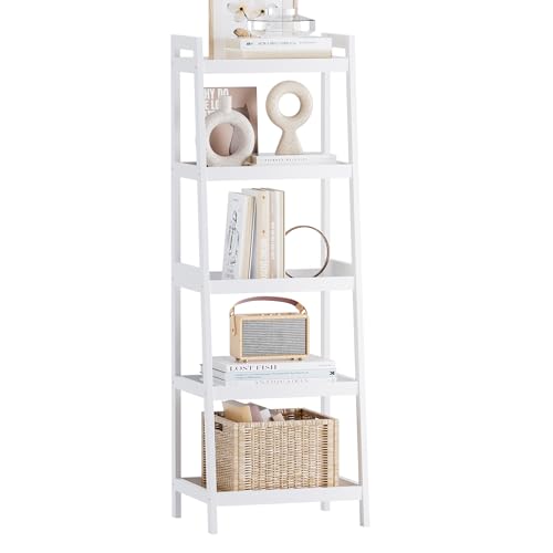 SMIBUY Bamboo Ladder Bookcase, Bathroom Storage Rack Organizer, 4 Tier and 5 Tier Freestanding Plant Display Stand Space Saver Shelves for Bedroom, Kitchen, Balcony (White, 5 Tiers (50' H))