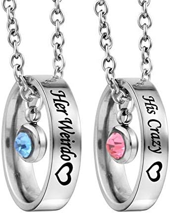 MJartoria Matching Necklaces for Couples, His and Hers Engraved Rhinestone Ring Pendant Set Gifts for Boyfriend Girlfriend(Silver-Her Weirdo His Crazy)