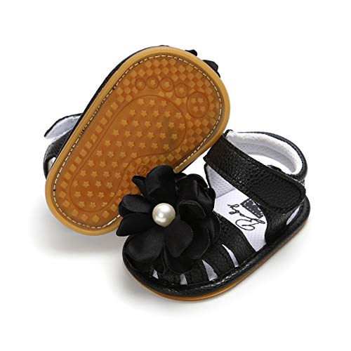 BENHERO Infant Baby Girl Summer Sandals with Flower Non-Slip Soft Sole Newborn Toddler First Walker Dress Crib Shoes(0-18 Months) 6-12 Months M US Infant,B-Black