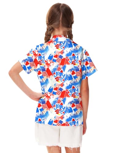 Image of Remimi Unisex Kids 4th of July Button Up Shirt Boys American Flag Print Hawaiian Beach Short Sleeve Tops 5-14 Years