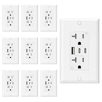 ELEGRP 20 Amp Wall Outlet with 3 USB Ports, Tamper-Resistant, UL/CUL Listed, White (10 Pack)