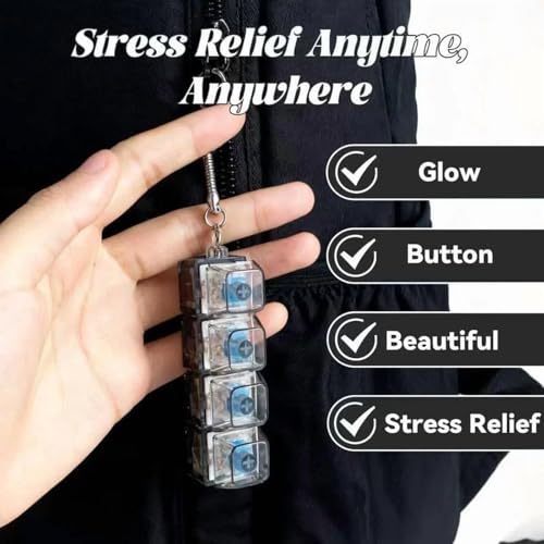 Image of Keyboard Fidget Toy, 4-in-1 Keychain Anxiety Decompression Button Finger Clicker Toys, Stress Relief Fidget Gifts for Adults with LED Light Sensory Fun, Clear