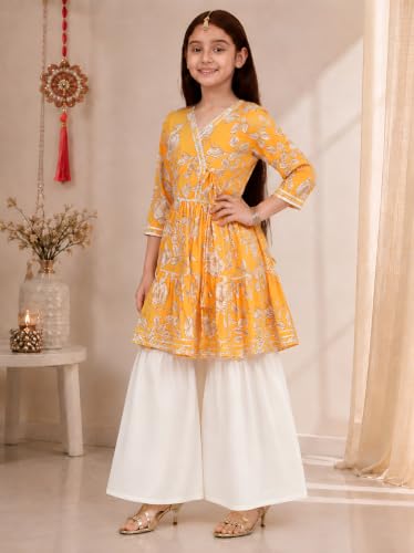 Image of Preneum Girl's Cotton Rayon Floral Printed Angrakha Kurta with Sharara & Dupatta