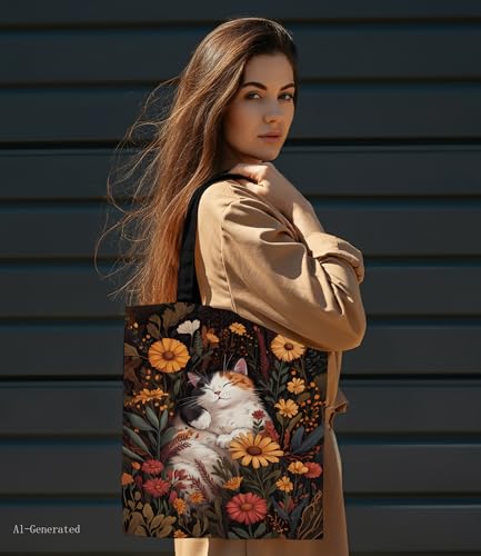 Image of Cute Cat Canvas Tote Bag for Women, Aesthetic Reusable Shoulder Bag for Shopping Travel Work