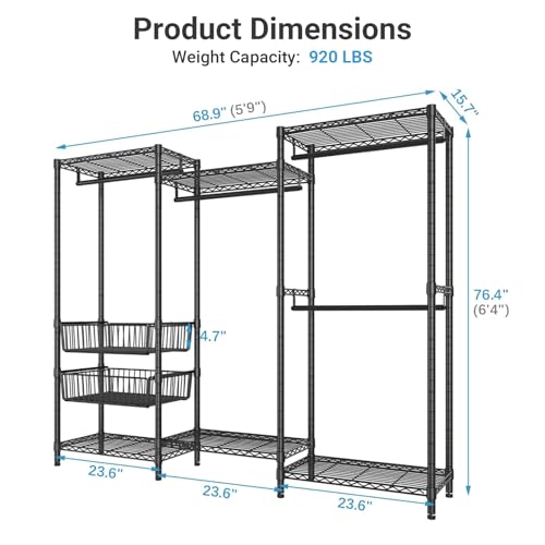 VIPEK V10 Garment Rack Large Size Heavy Duty Clothes Rack with Hanging Rods, Adjustable Shelves & 2 Slid Storage Baskets, Wire Clothing Rack 68.9" W x 15.7" D x 76.4" H, Max Load 920 LBS, Black