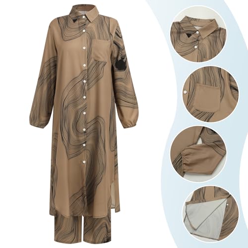 Image of IDOPIP Abaya Dress for Women Muslim Set Long Sleeve Chiffon Islamic Dress Shirt with Pants 2PCS Dubai Prayer Casual Clothes