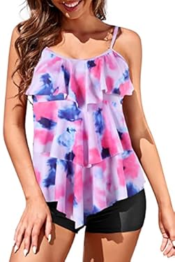 AMAZON - Womens Tankini Bathing Suits with Boy Shorts Flounce Top Plus Size Modest Retro Tummy Control Two Piece High Waisted Swimsuits Tie Dye Pink M