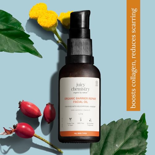 Image of Juicy Chemistry Organic Barrier Repair Facial Oil with Helichrysum + Rosehip, 30 ml | Repairs Skin Barrier | Reduces Pigmentation & Dark Spots | Boosts Glow | Promotes Even Skin Tone | Dermatologically Tested