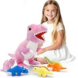 Muiteiur Pink Dinosaur Stuffed Animals, Soft 19.6 inch Dinosaur Stuffed with 5 Cute Babies T-Rex Zippered Belly, Dinosaur Gift Set for Kids Girl Boy