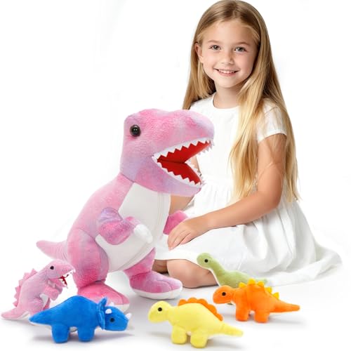 Muiteiur Pink Dinosaur Stuffed Animals, Soft 19.6 inch Dinosaur Stuffed with 5 Cute Babies T-Rex Zippered Belly, Dinosaur Gift Set for Kids Girl Boy