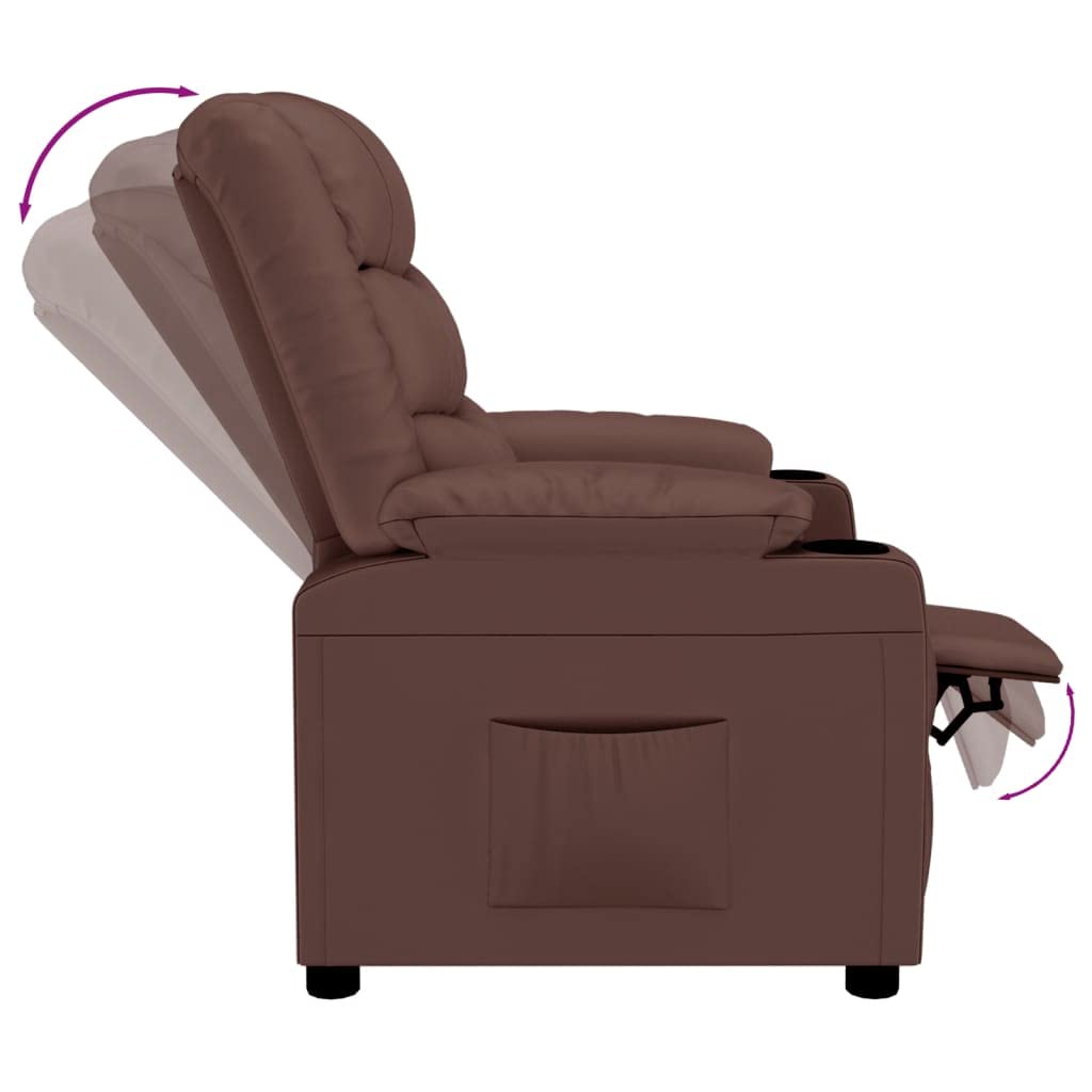 Sillón de relax manual marrón de piel sintética con 3 posiciones, respaldo y reposapiés ajustables manualmente, asiento acolchado grueso con reposabrazos anchos, marco de madera y metal
