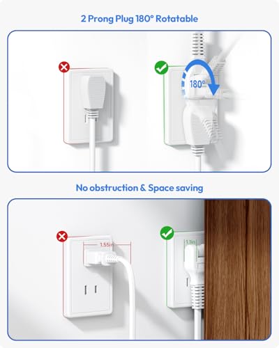 Regleta de energía de 2 clavijas NTONPOWER, cable de extensión de 10 pies con adaptador de 2 clavijas a 3 clavijas, 3 tomas, 4 USB (2 USB C), montaje en pared para casas antiguas sin toma a tierra, color blanco miniatura 5