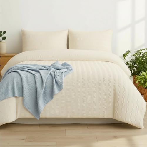 Image of Q&H Bedding Double Seersucker Duvet Cover Set - Cream Quilt Cover Brushed Microfiber with Pillowcase - Multiple Sizes Complete Bedding Set - Soft & Breathable, Easy Care & Machine Washable