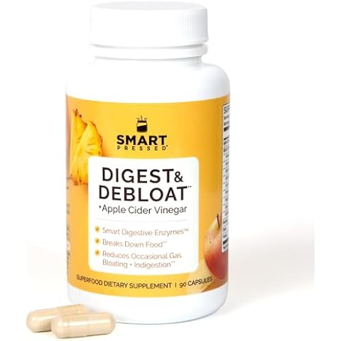 SMART Pressed Juice Digest & Debloat Digestive Enzymes Fast Acting for Acid Reflux Indigestion Heartburn Gas Bloat | All Natural Digestive Health with Apple Cider Vinegar, 90 Capsules Made in USA Cover