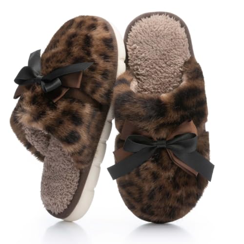 Image of Cute Women's Memory Foam House Slippers- Fuzzy Plush Cozy Shoes with Bow