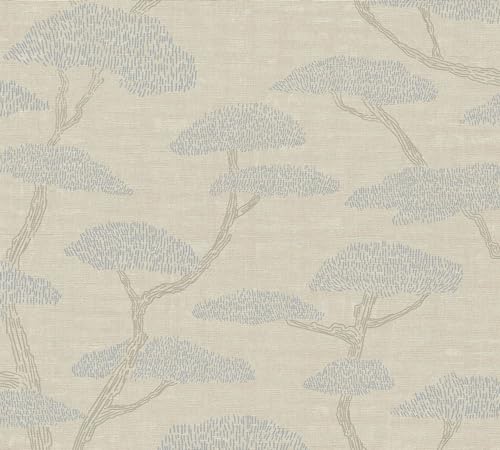 Carta da parati orientale Profhome 387411-GU Carta da parati TNT goffrata a caldo leggermente strutturata con pattern orientale opaca beige azzurro grigio-brunastro 5,33 m2