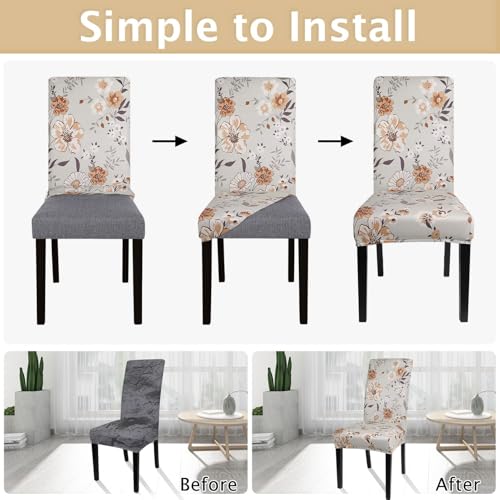 Image of SearchI Printed Dining Room Chair Covers Set of 4, Stretch Kitchen Chair Covers Washable Parsons Chair Slipcover Removable Dining Chair Protectors for Hotel,Ceremony(Brown Floral)