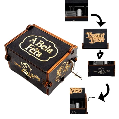 Image of Beauty and The Beast Music Box Hand Crank Musical Box Beauty & Beast Theme Carved Wooden Music Boxes Gift for Kids Friends Family Musicbox Black