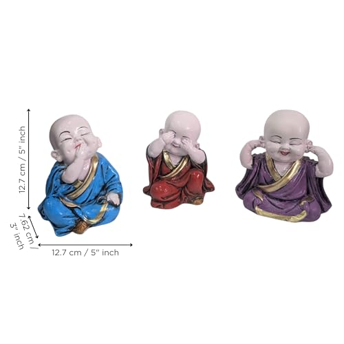 Image of eCraftIndia Resin Blue, Red & Purple Think No Evil, Speak No Evil, Hear No Evil Set of 3 Cute Little Monk Buddha Statues Decorative Showpieces for Car Dashboard, Home & Office Decor