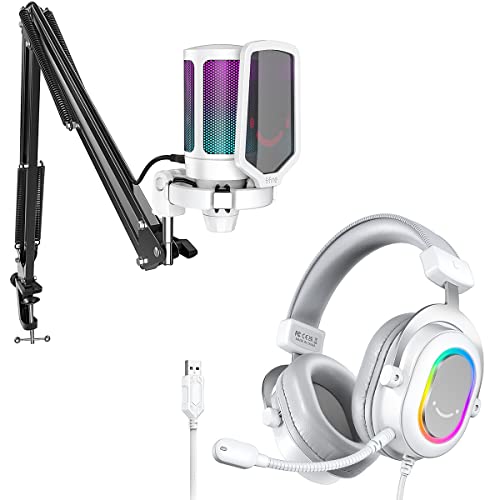 Fifine Streaming Rgb Usb Microphone Gaming Headset Bundle, Pc Condenser Mic Wired Headset On Ps4/Ps5, Gamer Kit Plug And Play For Recording, Online Game, Discord, Twitch-White (A6Tw+H6W) #TOP23
