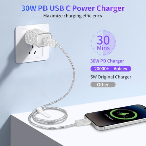 Image of Aolcev for iPhone Charger Fast Charging Bling USB C Wall Charger Block 30W Type C Cord Fast Charging Blocks with USB C Cable for iPhone 17 16 15 Pro Max iPad Galaxy S26 Bling Phone Charging for Women