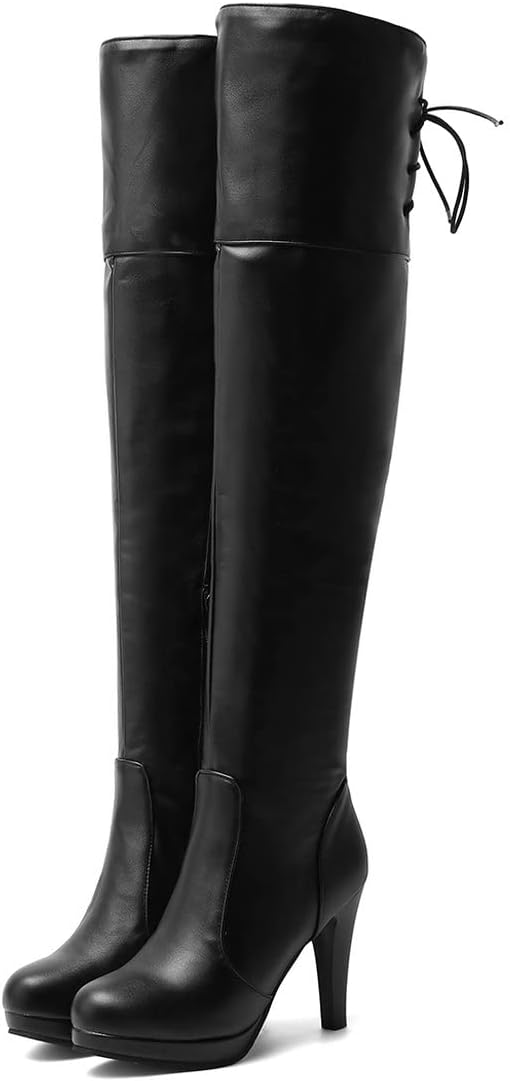 BEAUPAS Women's High Heel Platform Over The Knee Lace Up Boots Chunky Heel Block Thigh High Boots Round Toe Zipper Shoes