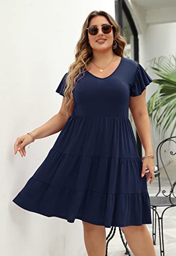 Image of Celkuser Womens Plus Size Summer Casual Midi Dress Short Ruffle Sleeve Tiered Empire Waist T-Shirt Dress with Pockets