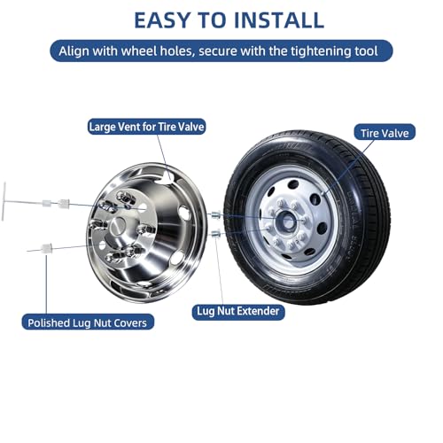 Image of hightall 16 Wheel Simulators, 16 inch 8 Lug 8 Vent Holes,Stainless Steel RV Hubcaps,Polished Surface,2Pcs Front Wheel /2Pcs Rear Wheel,Bolts On Wheel Cover Compatible with Ford 1992-2007 E-350 /E450 Dually