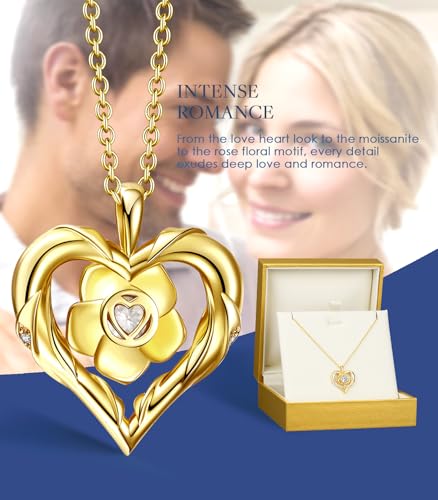 Beam & Bask Rose Flower Heart Moissanite Necklaces for Wife, S925 Silver Pendant for Women, 18K Gold Plated Jewelry for Her Girlfriend Mom for Anniversary Birthday4