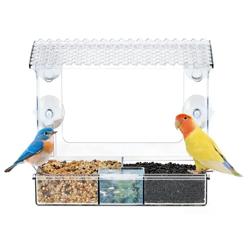 houlishu Window Bird Feeder for Outdoors with Strong Suction Cups, Easy to Clean and Refill Clear for Viewing with Large Capacity Detachable Water Tray for Garden, Yard, Elderly Viewing