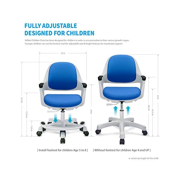 Kids desk chair ergonomic design with footrest height adjustable seat comfy study cushion computer task chair smooth rolling wheels for student and children ocean blue  urban country home decor